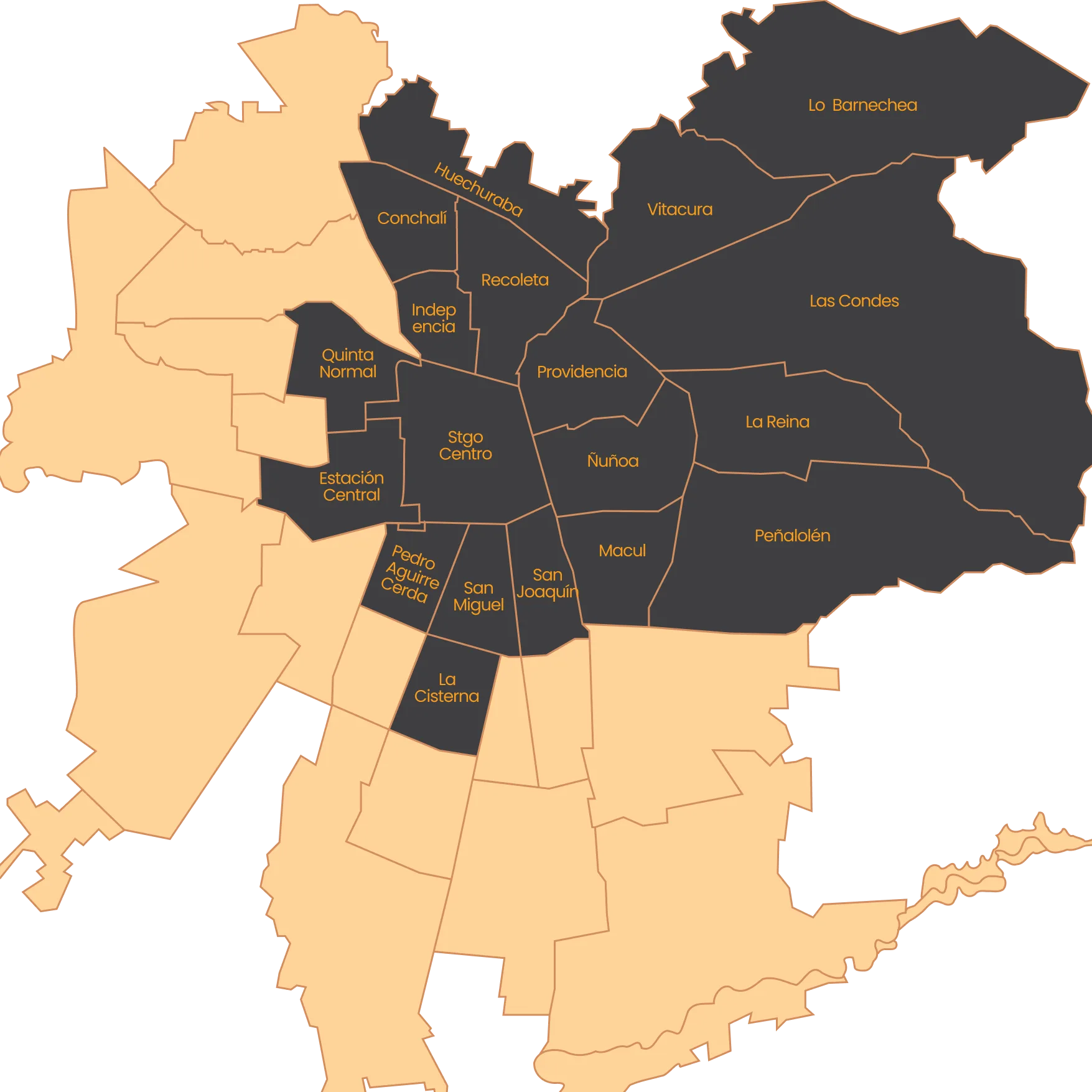 Mapa de las comunas de Santiago donde THLP ofrece mecánica a domicilio